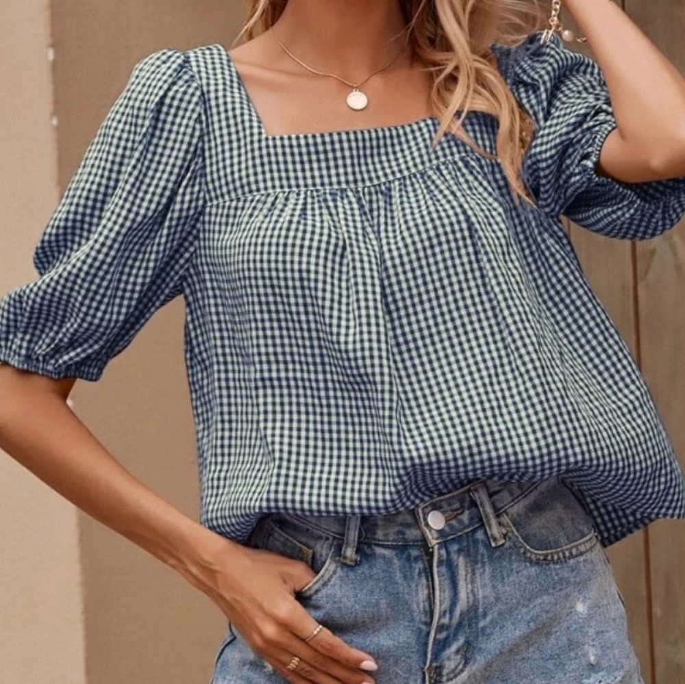 SHEIN Deep Blue Square Neck Puff Short Sleeve Gingham Blouse Top